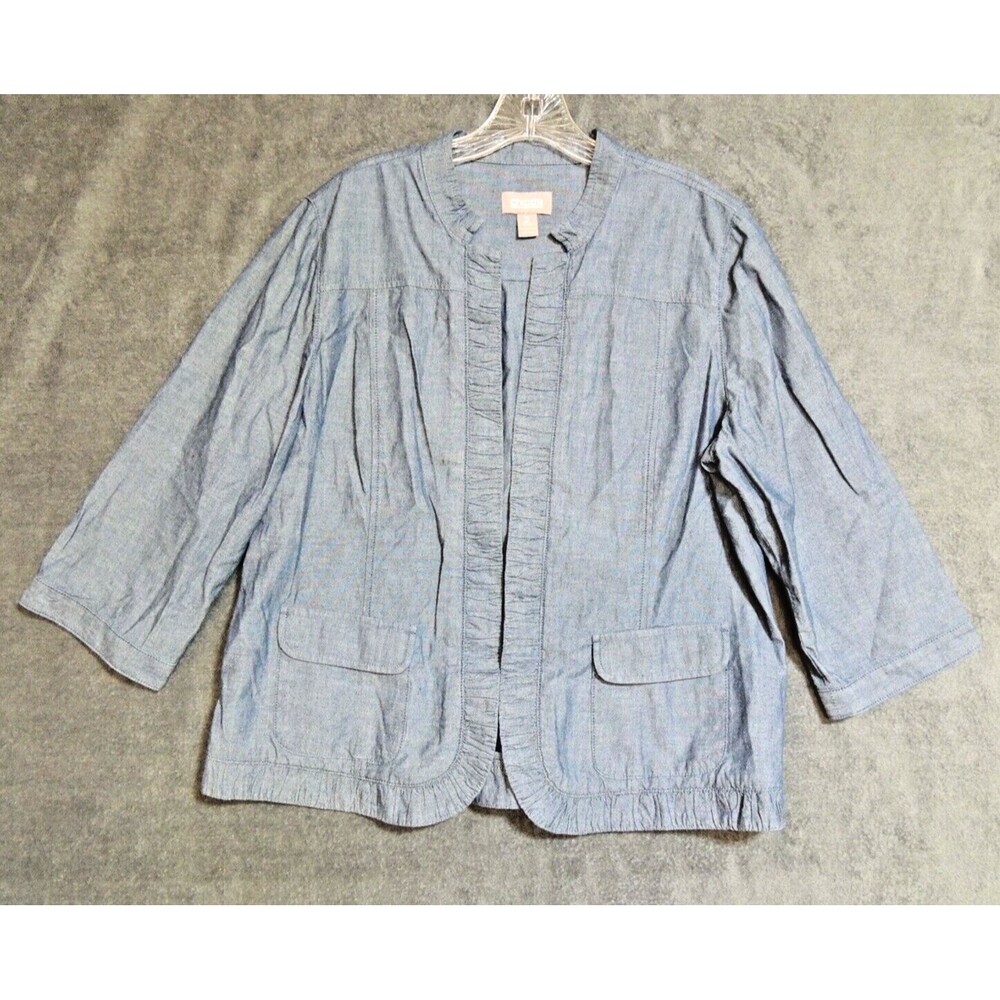 Chico's Jacket Women Size 2 Blue Chambray Ruffle Trim Open Front Coastal Classic